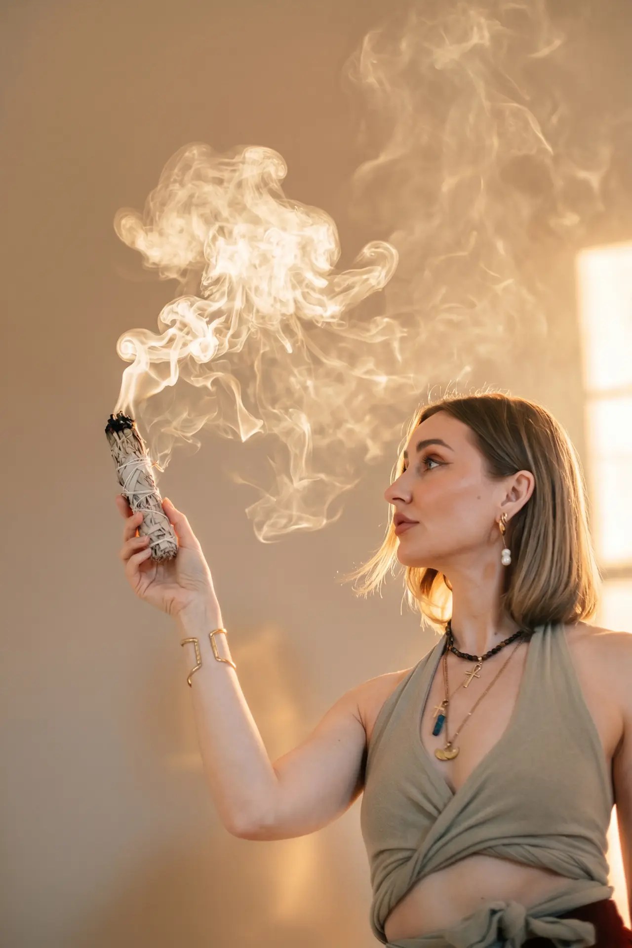 A woman holding a smouldering sage stick, smoke curling upward in warm light